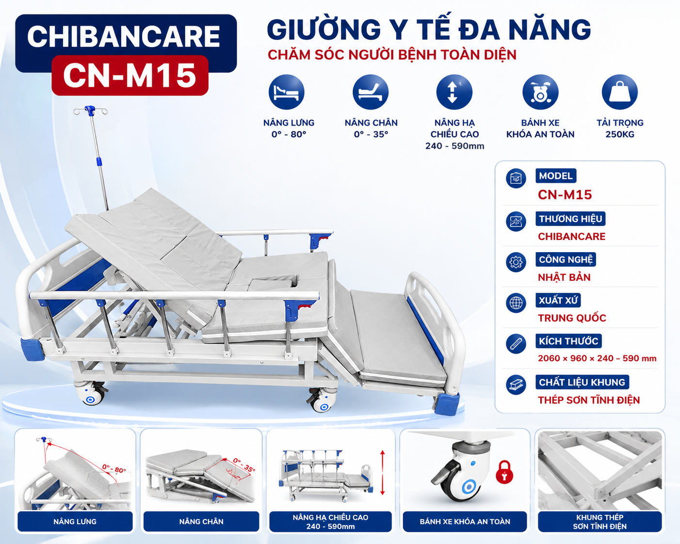 Giường y tế 4 tay quay Chibancare CN-M15