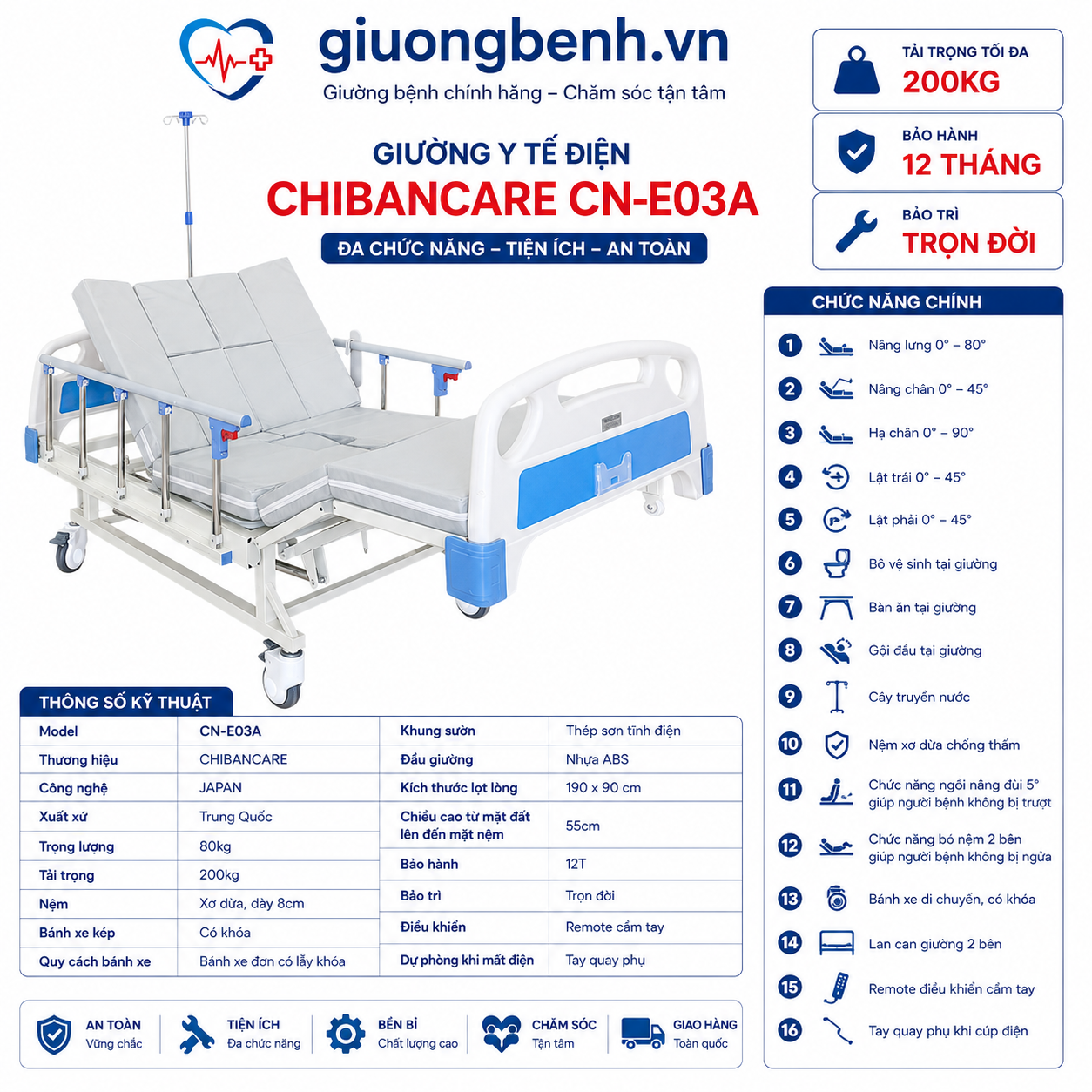 giường bệnh điện Chibancare CN-E03A đa chức năng